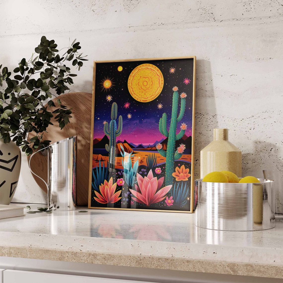 Neon Desert Night Landscape Poster with Cacti Moon and Flowers - Image 2