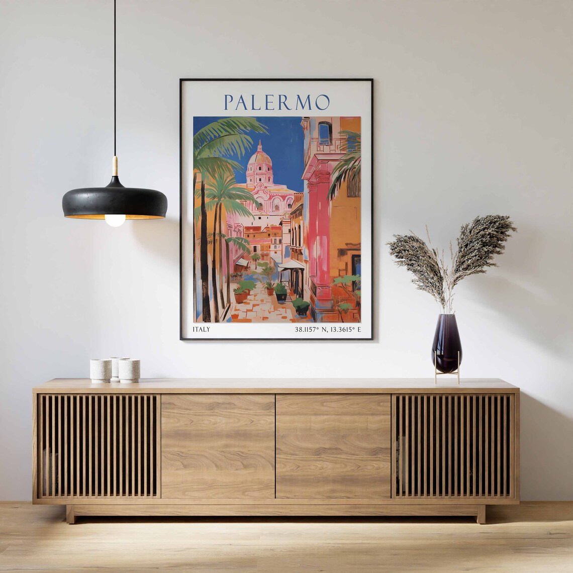Palermo Italy Travel Poster Pink Cathedral Street Scene View - Image 2