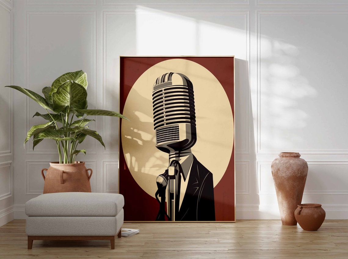 Vintage Microphone Head Suit Cream Oval Jazz Singer Gift Poster - Image 2