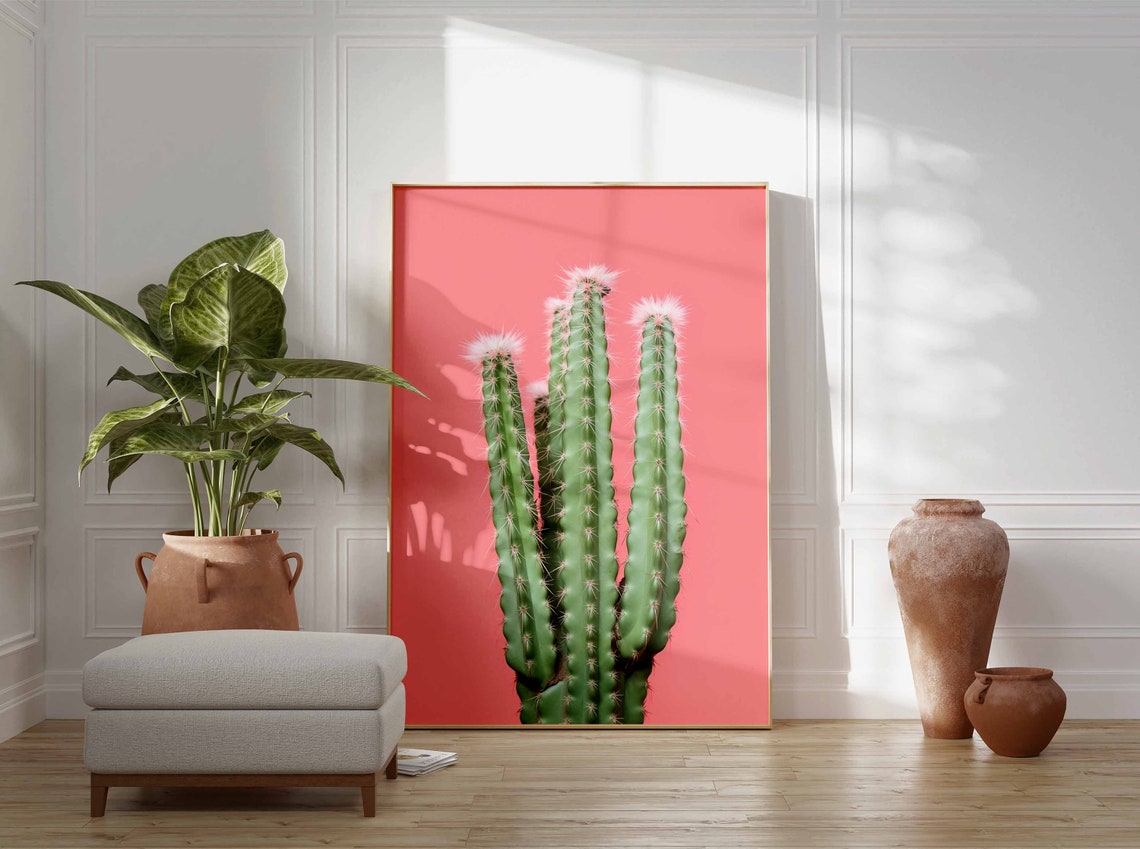 Column Cactus with White Fuzzy Crowns on a Pink Background Poster - Image 3