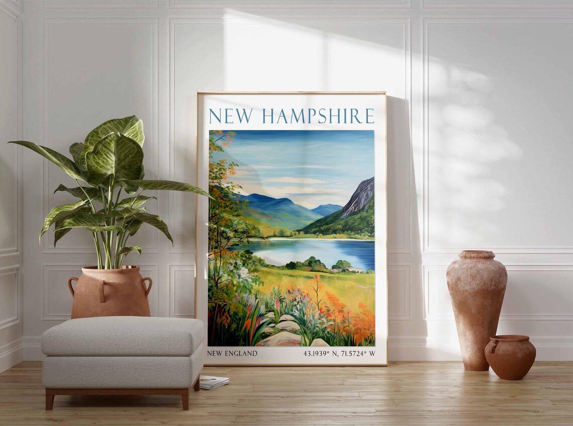 New Hampshire White Mountain Lake Autumn Watercolor Travel Poster - Image 3