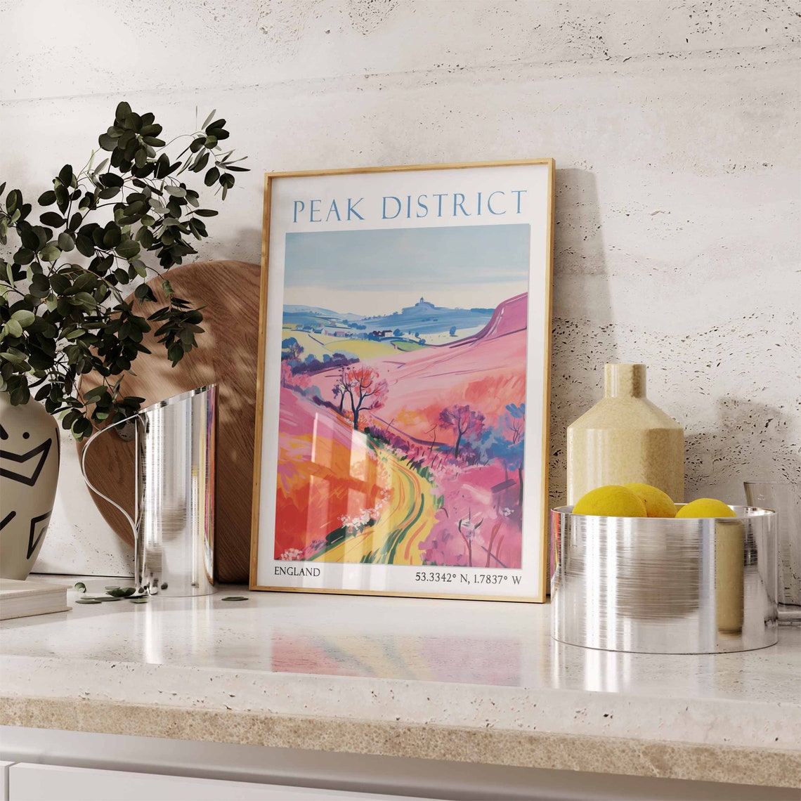 Peak District England Bold Pink Hills Winding Road Sunset Poster - Image 3