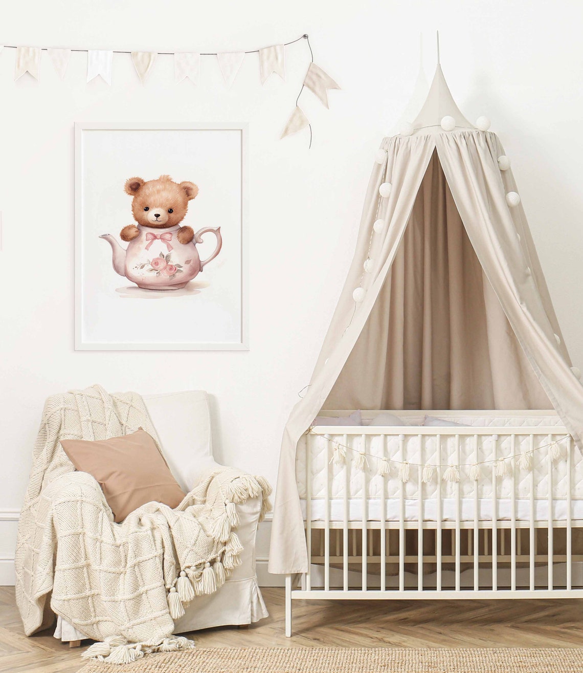 Teddy Bear Inside a Pink Floral Teapot Nursery Poster for Girls - Image 2