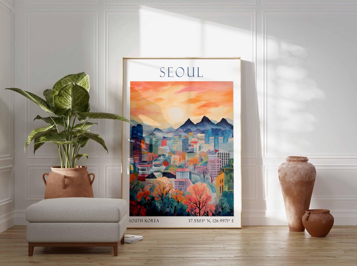 Seoul South Korea Skyline Sunset Mountains Watercolor Travel Poster - Image 3