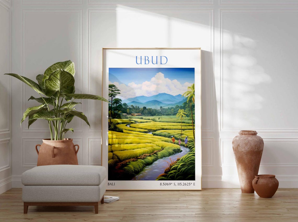 Ubud Bali Rice Paddy Terraces Farmers Mountain Travel Poster - Image 2