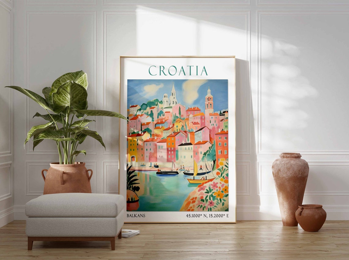 Croatia Pink Hillside Town with Harbor Boats Balkans Poster Art - Image 2