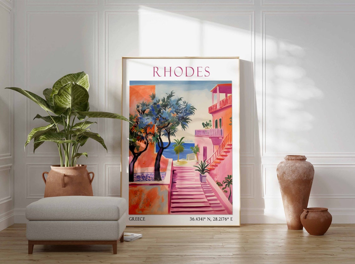 Rhodes Greece Sunlit Terrace and Steps Above the Aegean Sea Poster - Image 2