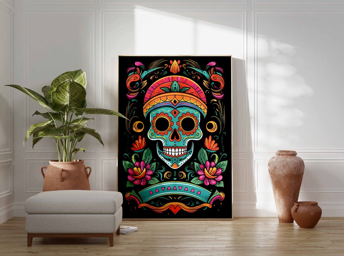 Turquoise Sugar Skull Crown Colorful Neon Black Light Poster - Image 3