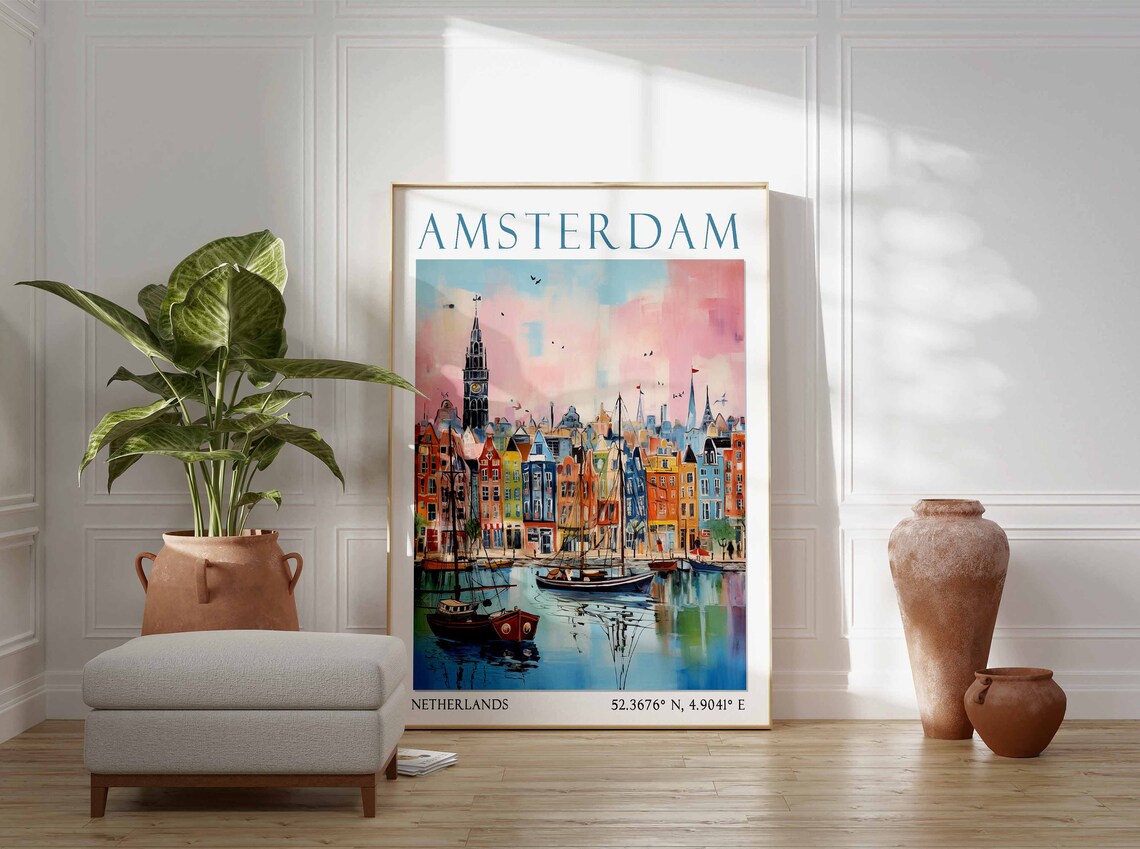 Amsterdam Harbor Sailboats with Colorful Row Houses Poster Art - Image 2