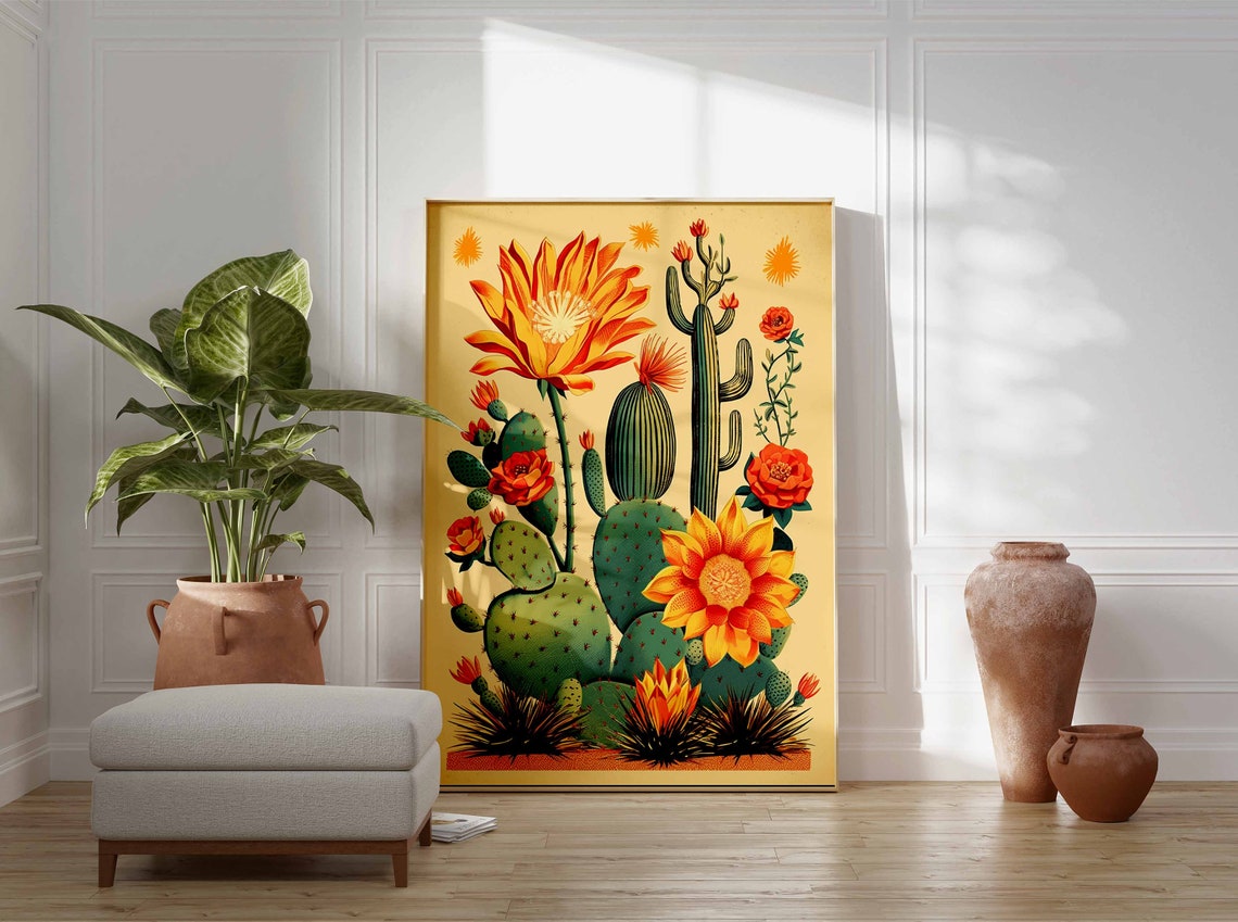Rustic Cactus Cluster Orange Blooms Cream Botanical Wall Art - Image 3