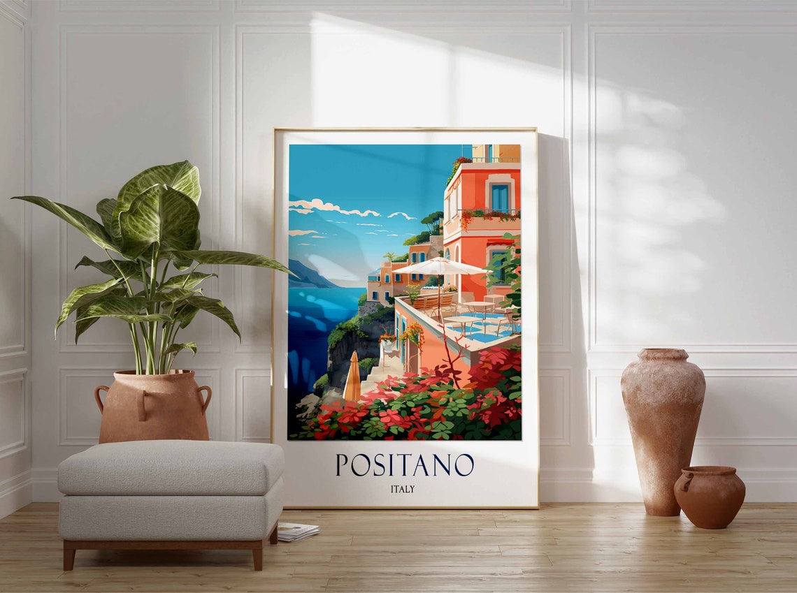 Positano Italy Cliffside Villa Terrace Pool Pink Flowers Poster - Image 2