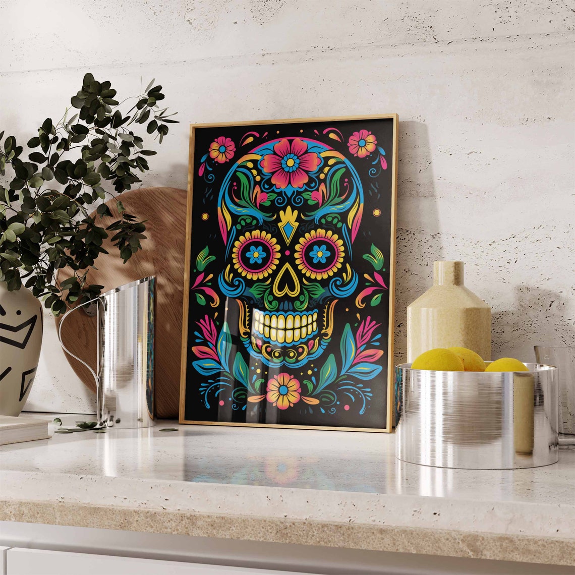 Bold Blue and Pink Sugar Skull Poster with Sunflower Eyes Decor - Image 2