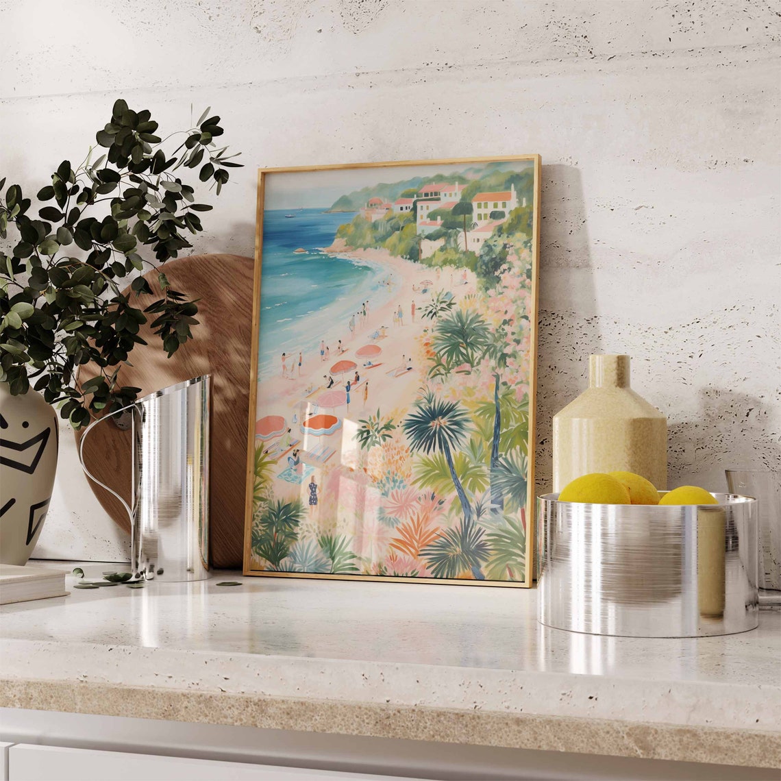White Sand Cove Pastel Umbrellas Hillside Villa Beach Poster - Image 2