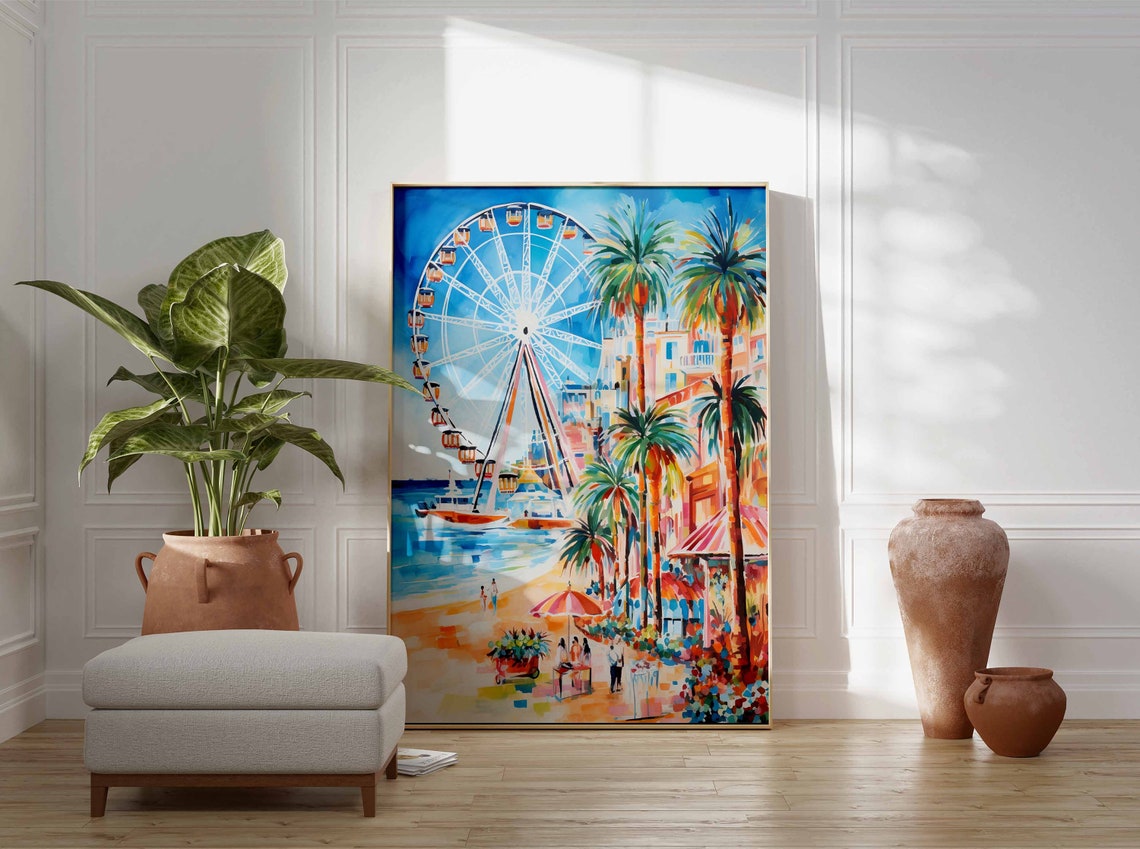 White Ferris Wheel Beach Boardwalk Vibrant Watercolor Poster - Image 3