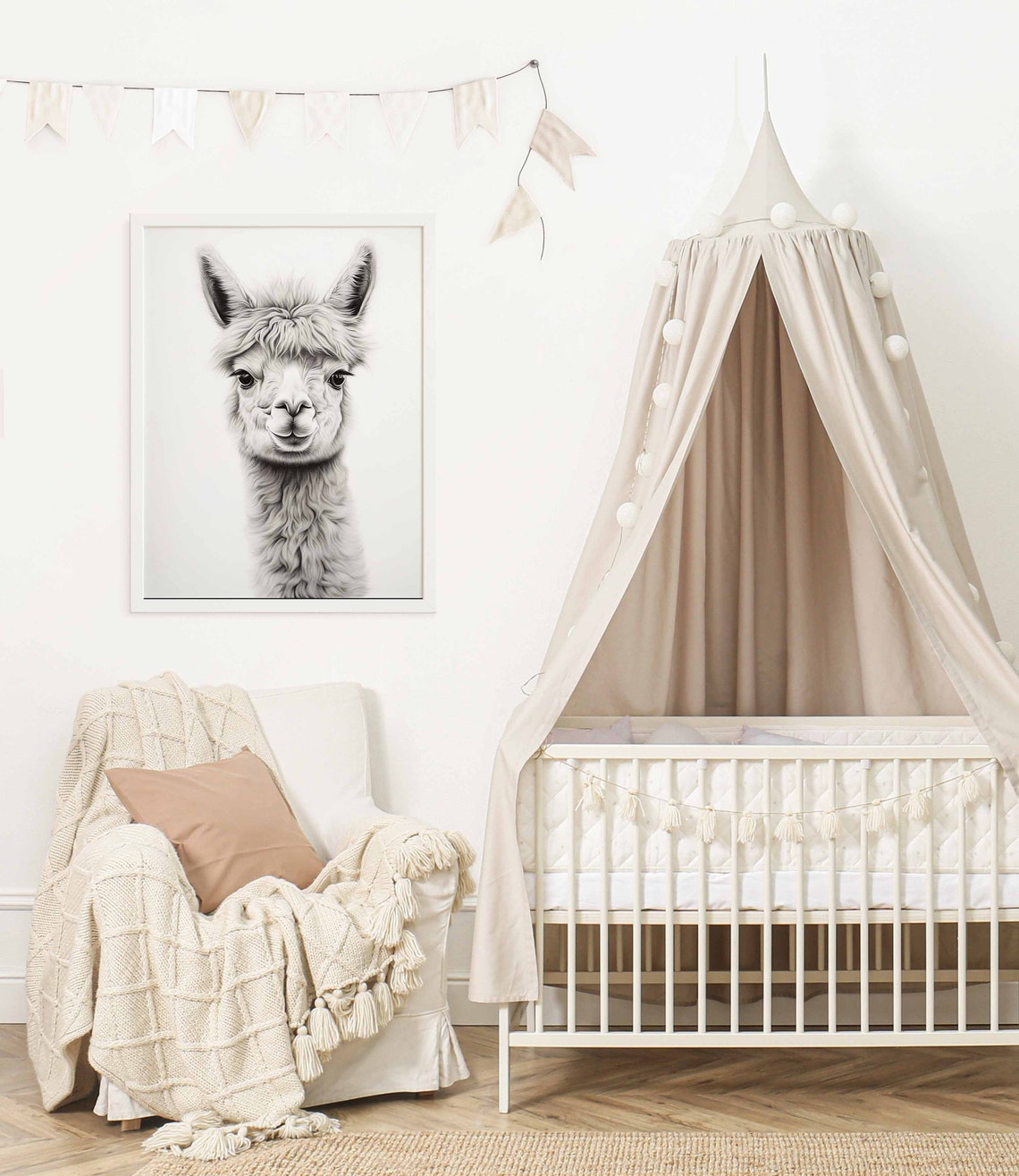 Black and White Llama Portrait Watercolor Poster for a Nursery - Image 2