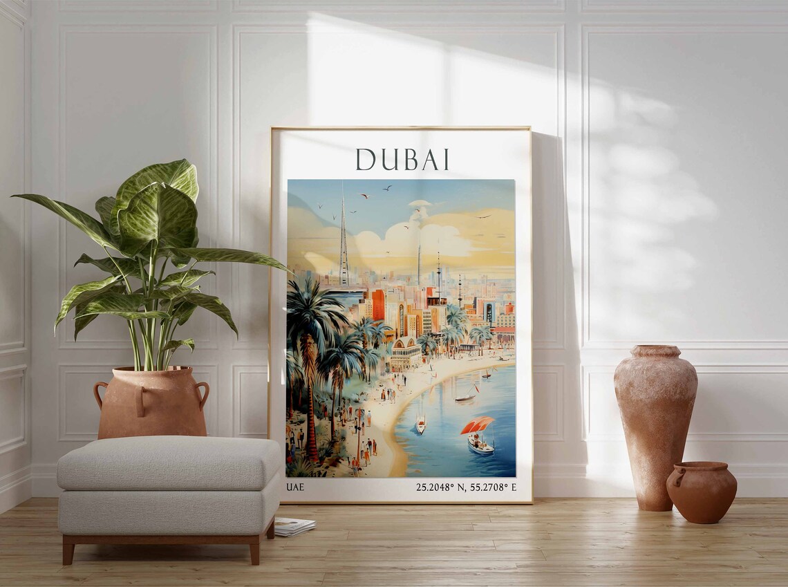 Dubai Beach Palm Trees with Sailboats and Skyline Poster Art - Image 2