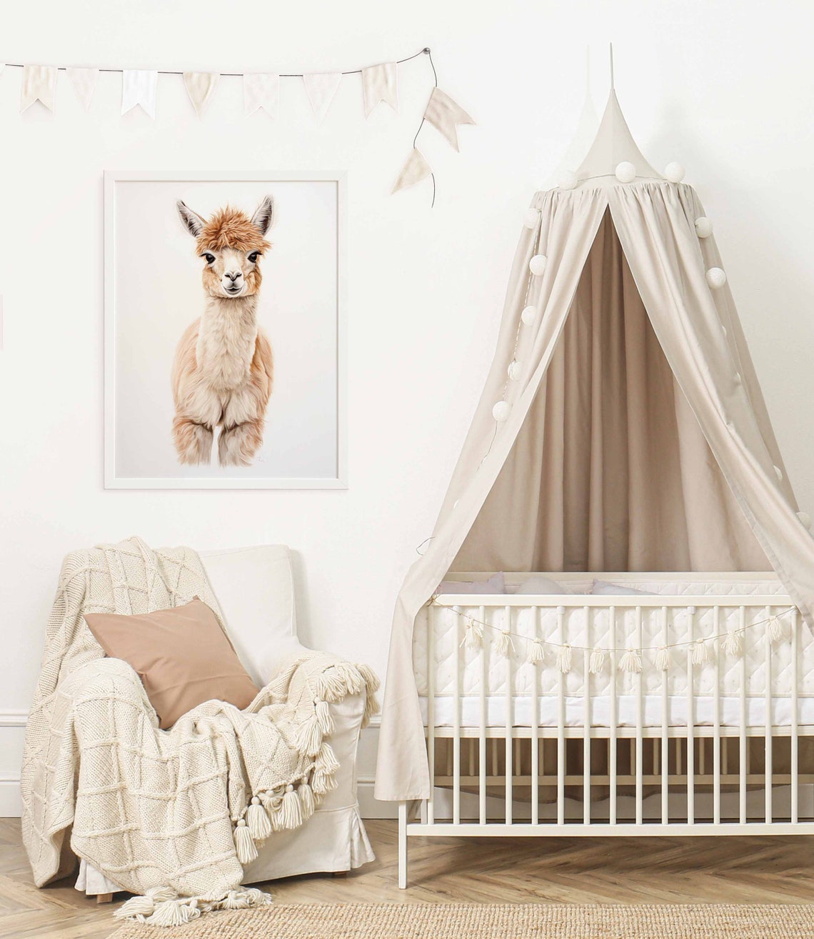 Golden Watercolor Llama Portrait Poster for a Kids Nursery Room - Image 2