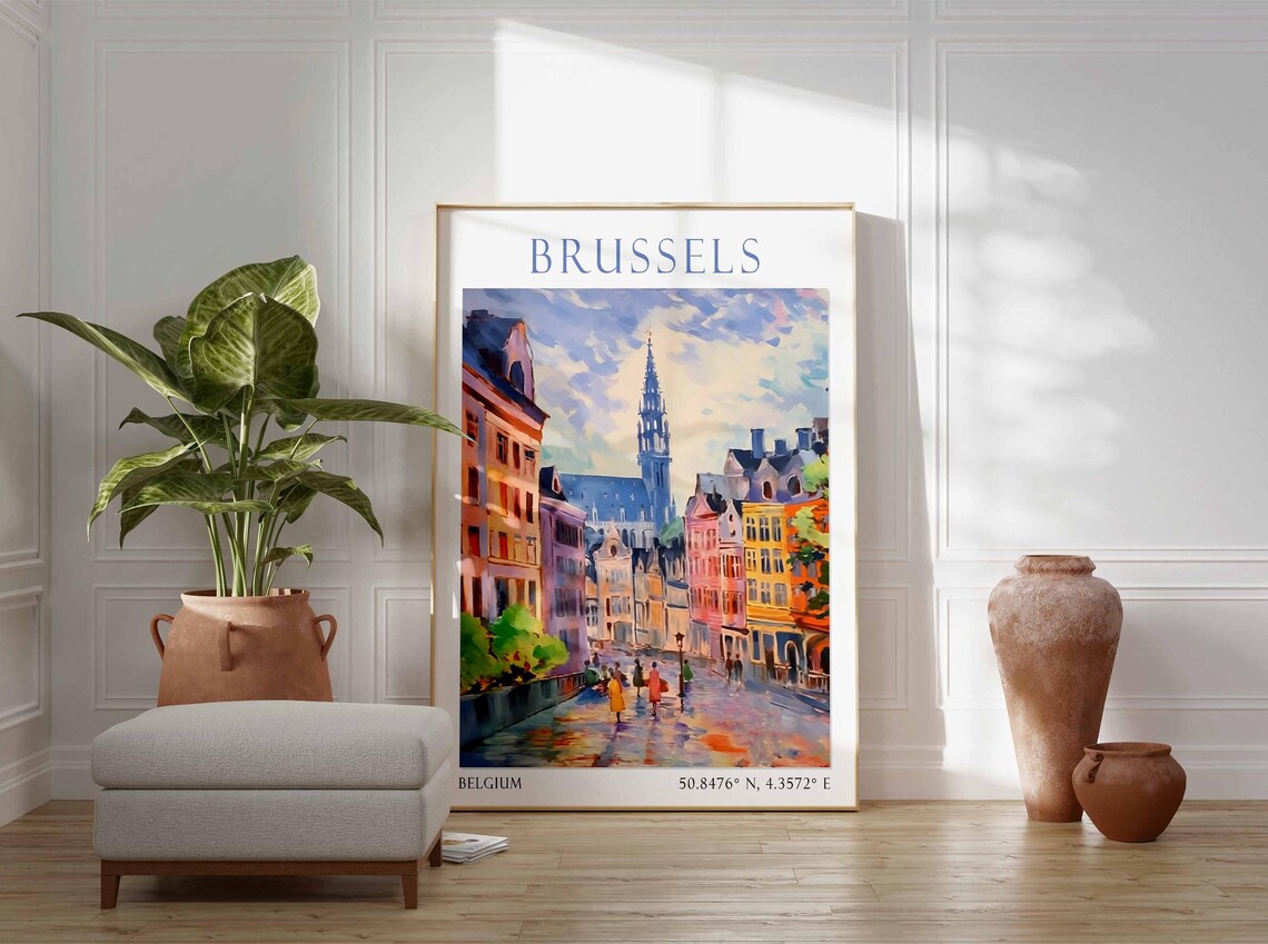 Brussels Belgium Old Town Street Town Hall Tower Rain Travel Poster - Image 3