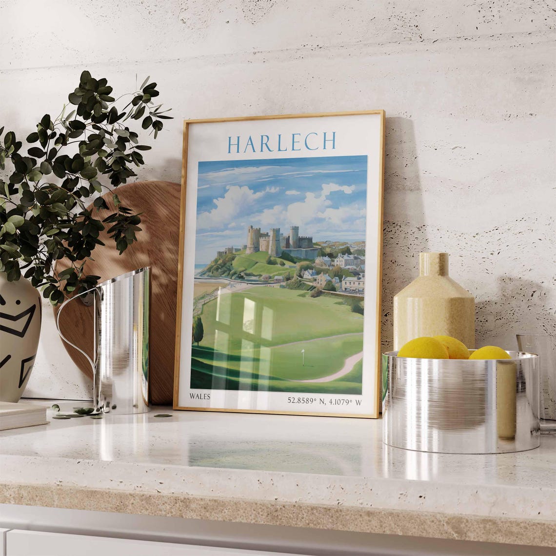 Harlech Wales Castle Hilltop Town Golf Links Coastal View Poster - Image 3