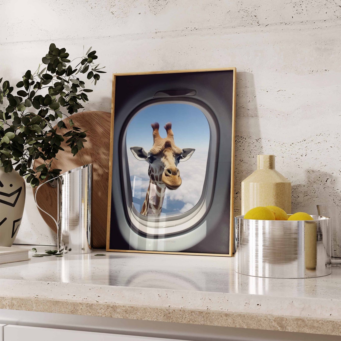 Giraffe Gazing Through an Airplane Window at Daytime Clouds Poster - Image 2