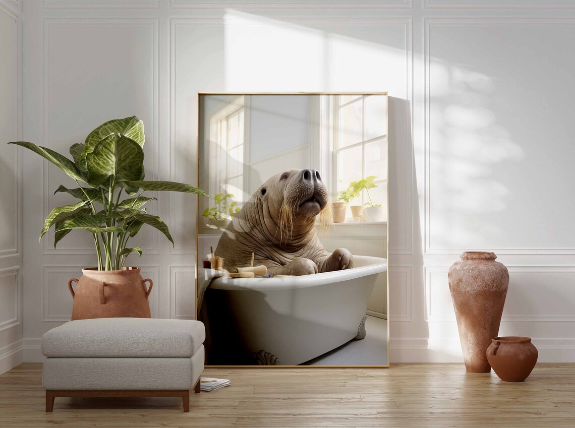 Chubby Walrus Enjoying a Spa Bath in a Tub Funny Bathroom Poster - Image 3