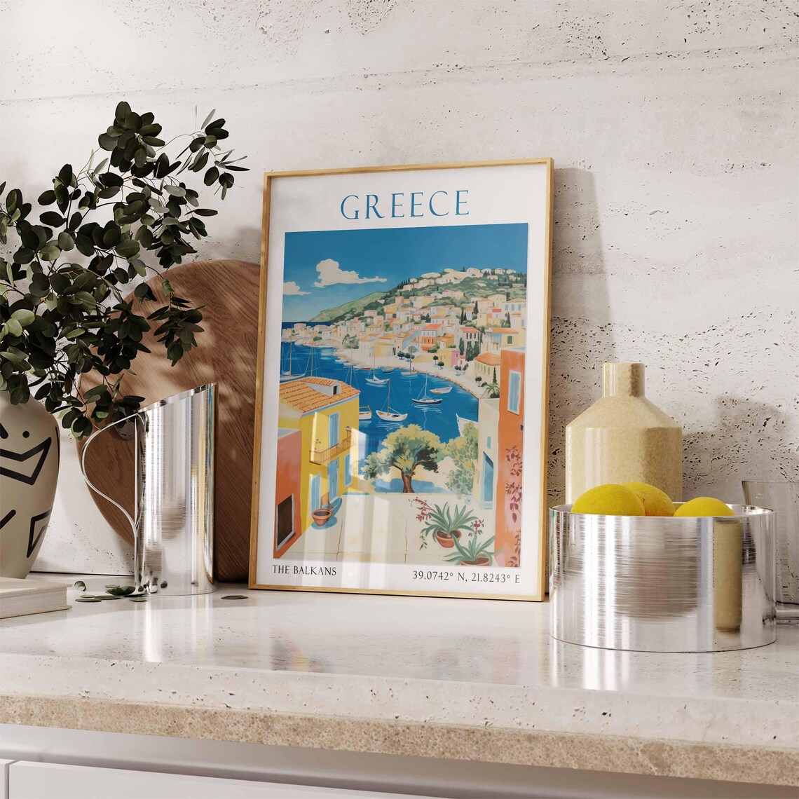Greece Island Harbor with Sailboats and Colorful Hillside Town Poster - Image 3