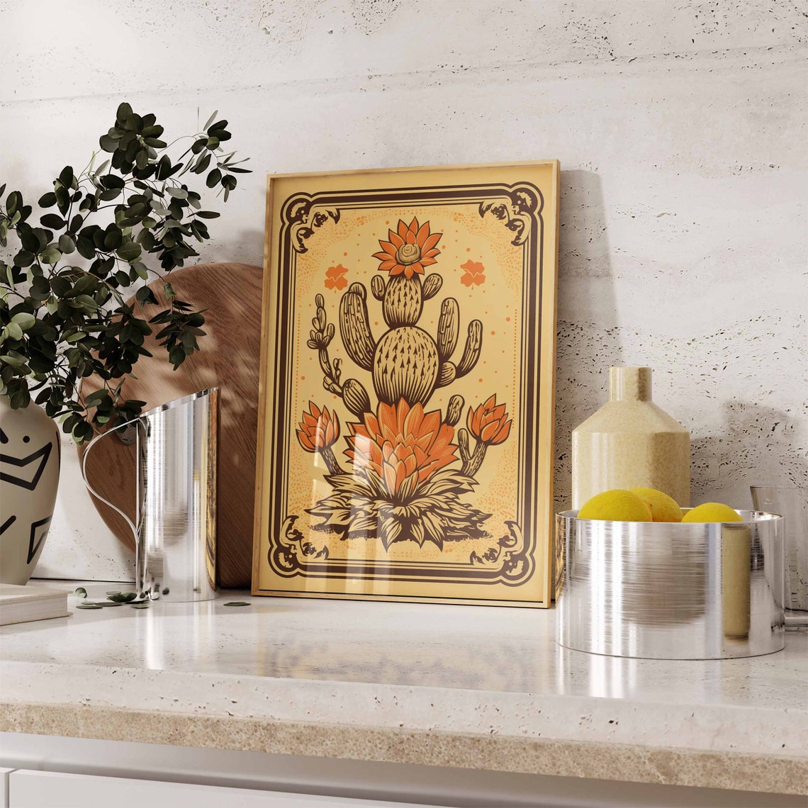 Brown Rustic Prickly Pear Cactus Linocut Ornate Border Poster - Image 2