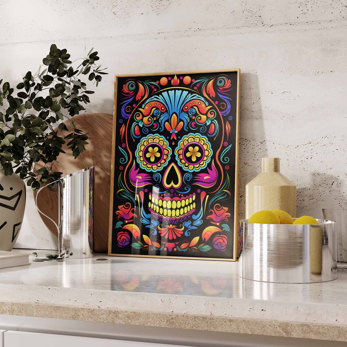 Neon Blue Purple Sugar Skull Poster with Flower Eyes on Black - Image 2
