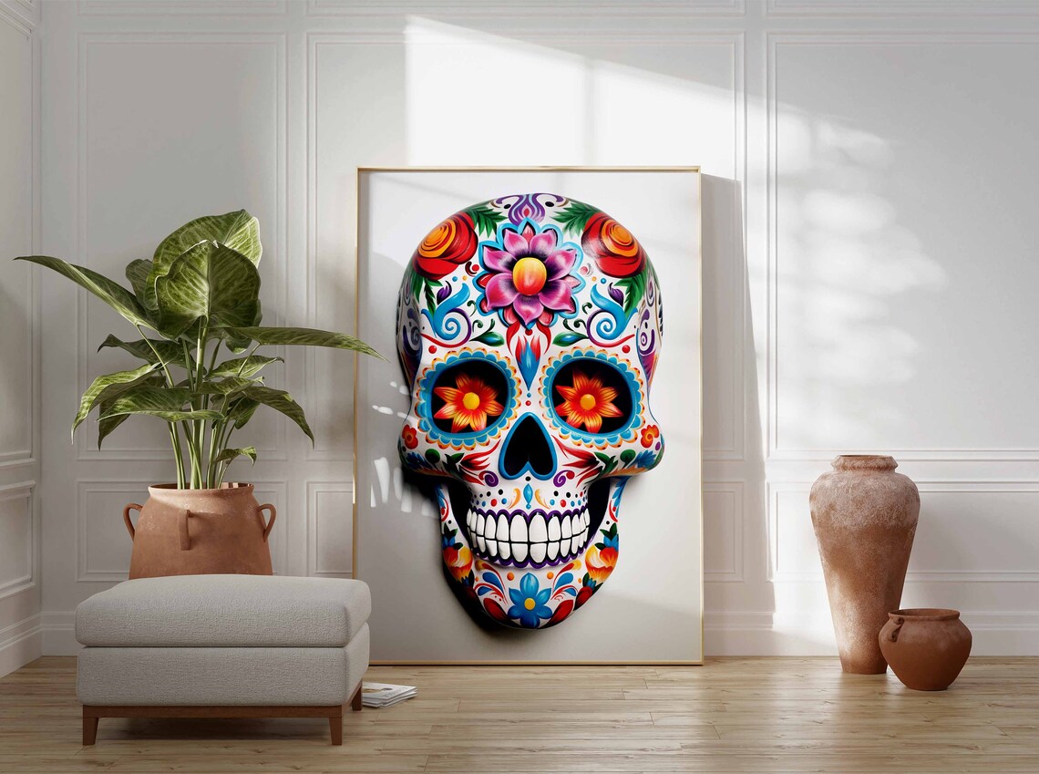 Colorful Floral 3D White Painted Sugar Skull Flowers White Art Poster - Image 3