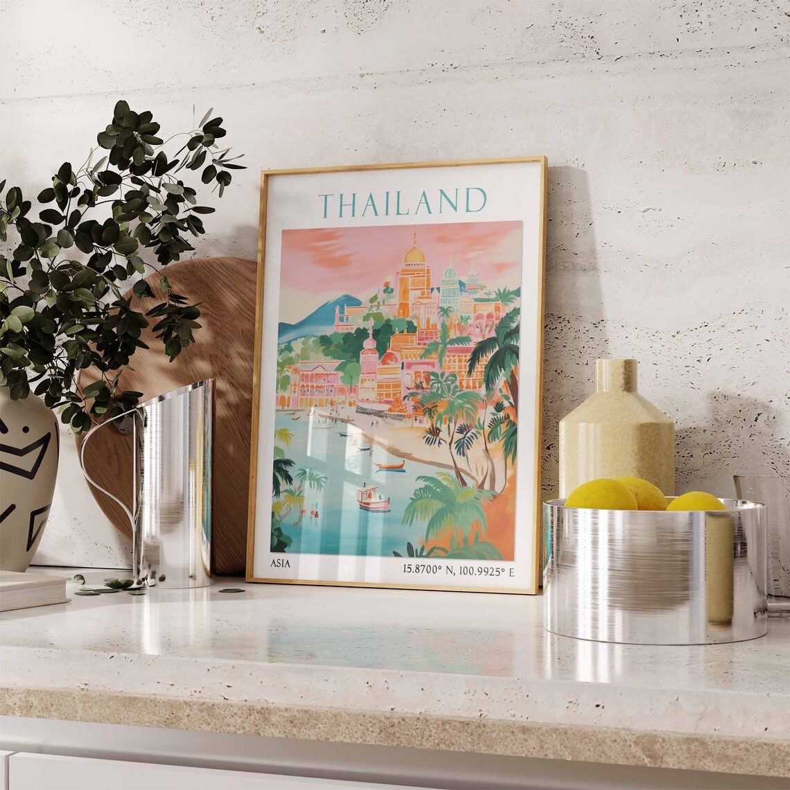 Thailand Golden Temple Coast Boats Palms Watercolor Travel Poster - Image 3