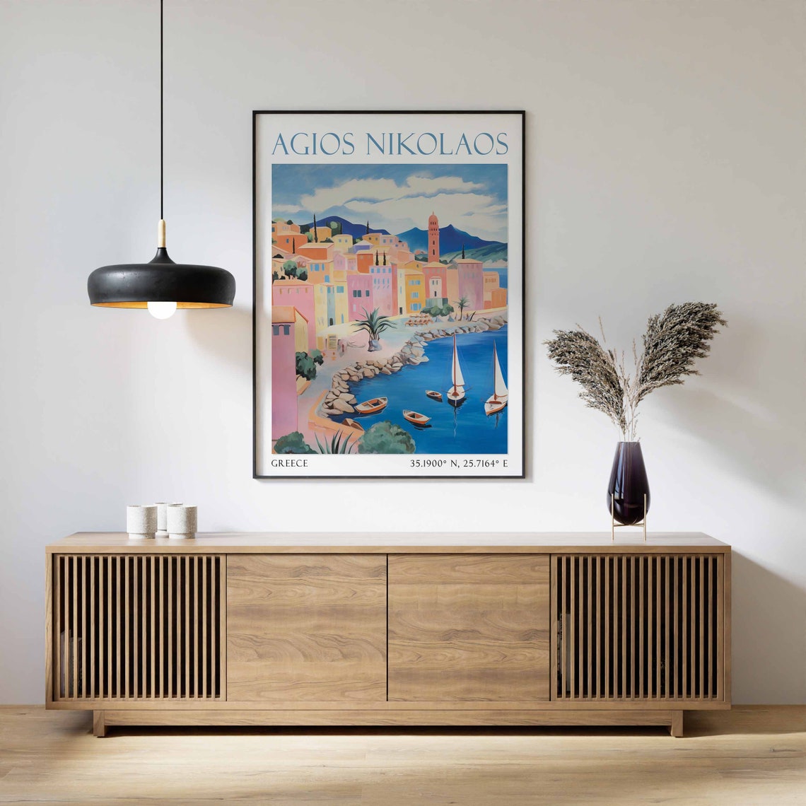 Agios Nikolaos Waterfront Sailboats Bell Tower Greece Travel Poster - Image 3