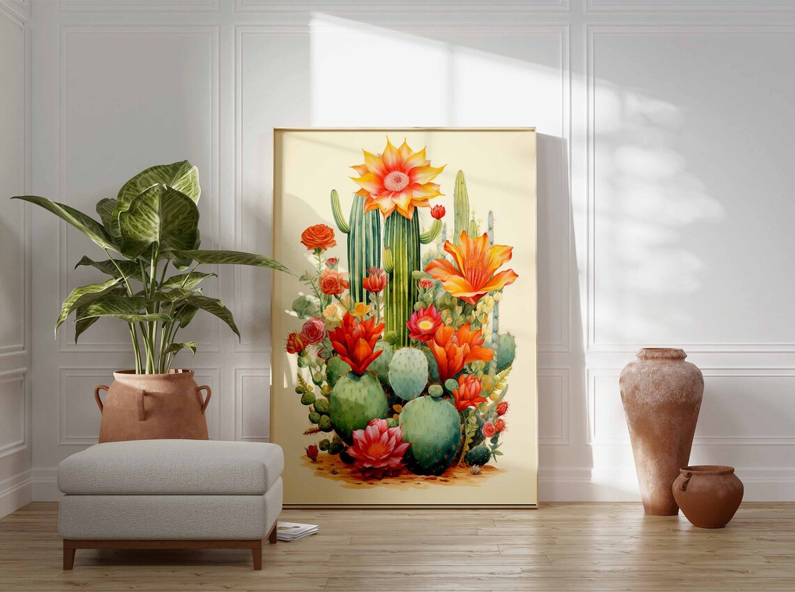 Tall Saguaro Cacti with Vibrant Orange Desert Blooms Watercolor Poster - Image 3