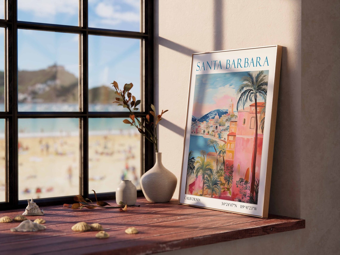 Santa Barbara California Travel Poster Pink Waterfront View Art - Image 3