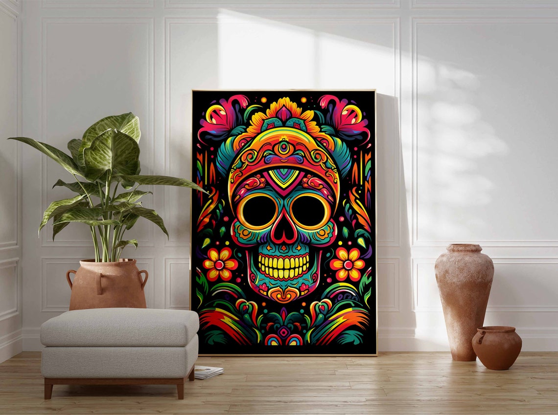 Neon Sugar Skull with Tribal Headdress Poster Rainbow on Black - Image 3