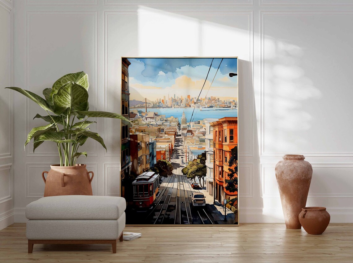 San Francisco Cable Car Street Scene Watercolor Travel Poster - Image 3