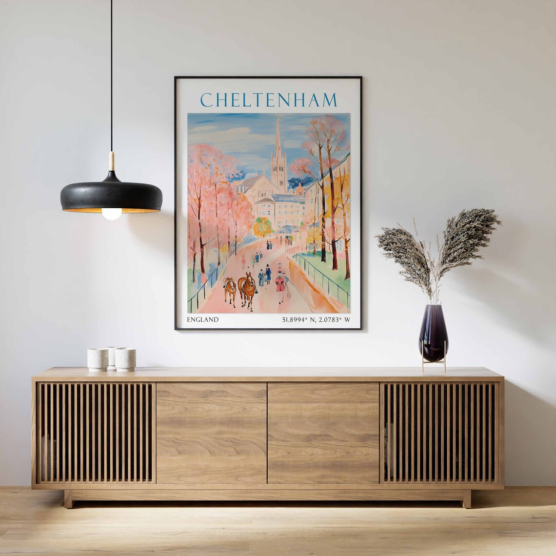 Cheltenham England Travel Poster Race Day Pink Blossom Scene - Image 2