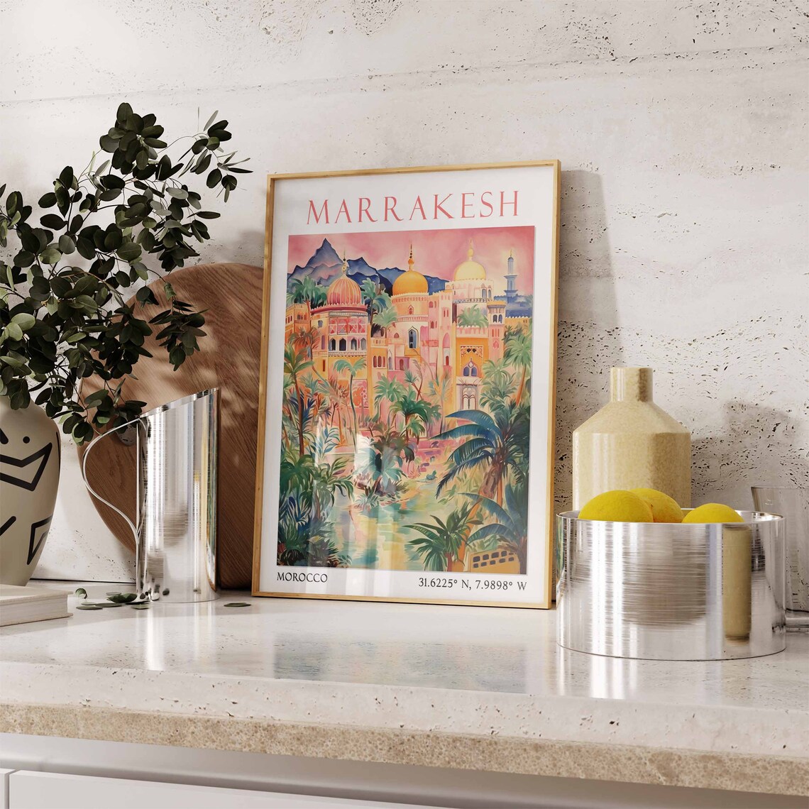 Marrakesh Golden Domed Palace and Palms Watercolor Travel Poster - Image 3