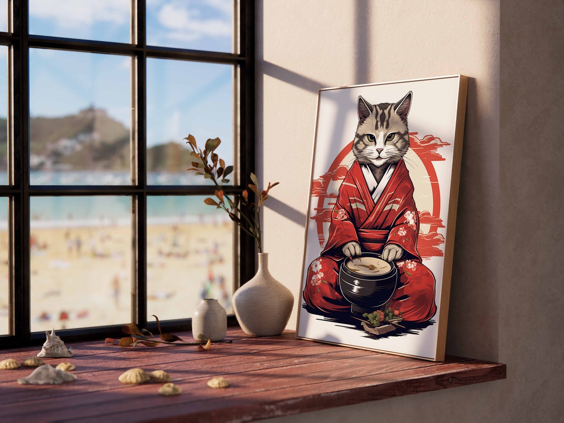 Vintage Japanese Tabby Cat in Kimono Art Poster Ukiyo E Inspired - Image 3
