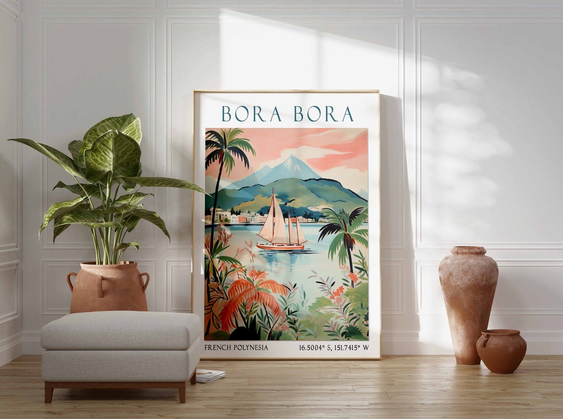 Sailboat on a Bora Bora Lagoon Beneath a Volcanic Peak Poster - Image 2