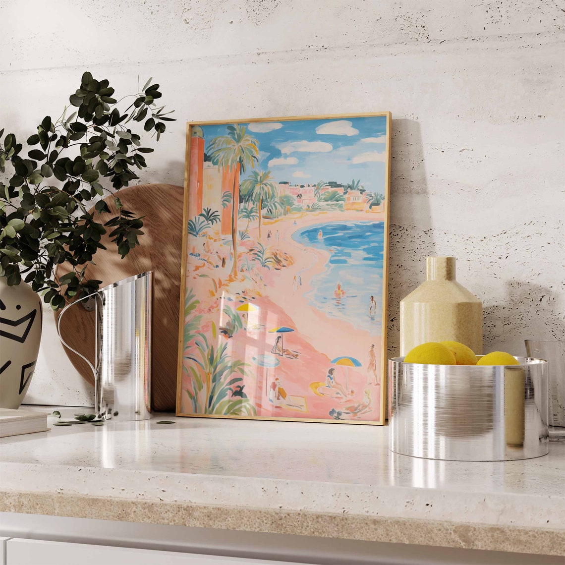 Curved Pink Sand Beach Palm Day Pastel Building Scene Poster - Image 2