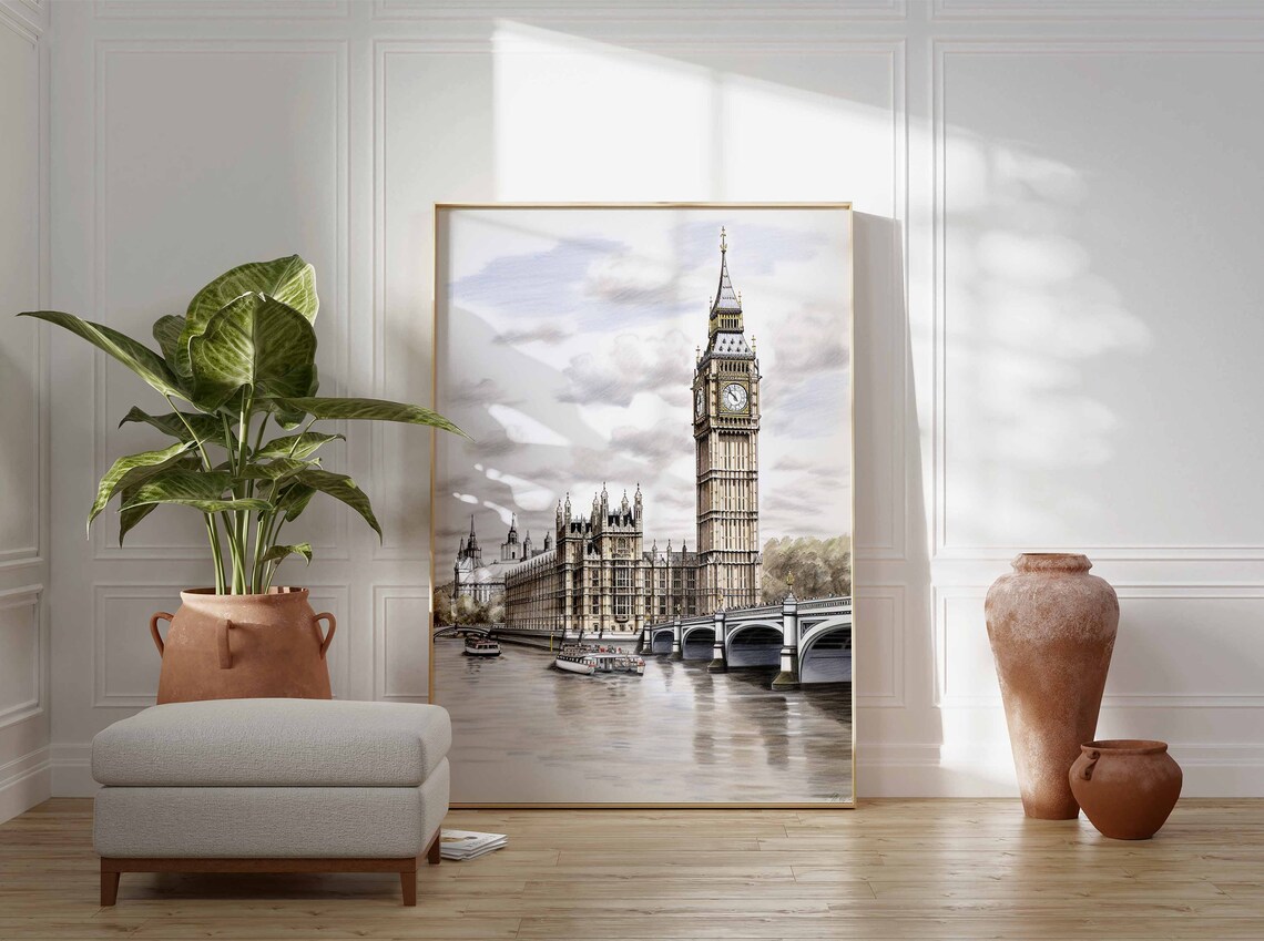 Big Ben Houses of Parliament Thames River Soft Watercolor Poster - Image 3