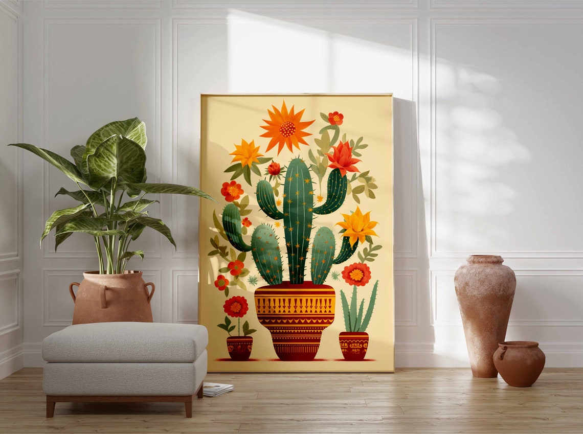Prickly Pear Cactus Red Patterned Pot Orange Flowers Mexican Print - Image 3