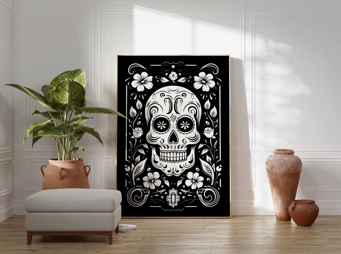 Black and White Sugar Skull Floral Ornament Linocut Wall Art - Image 3