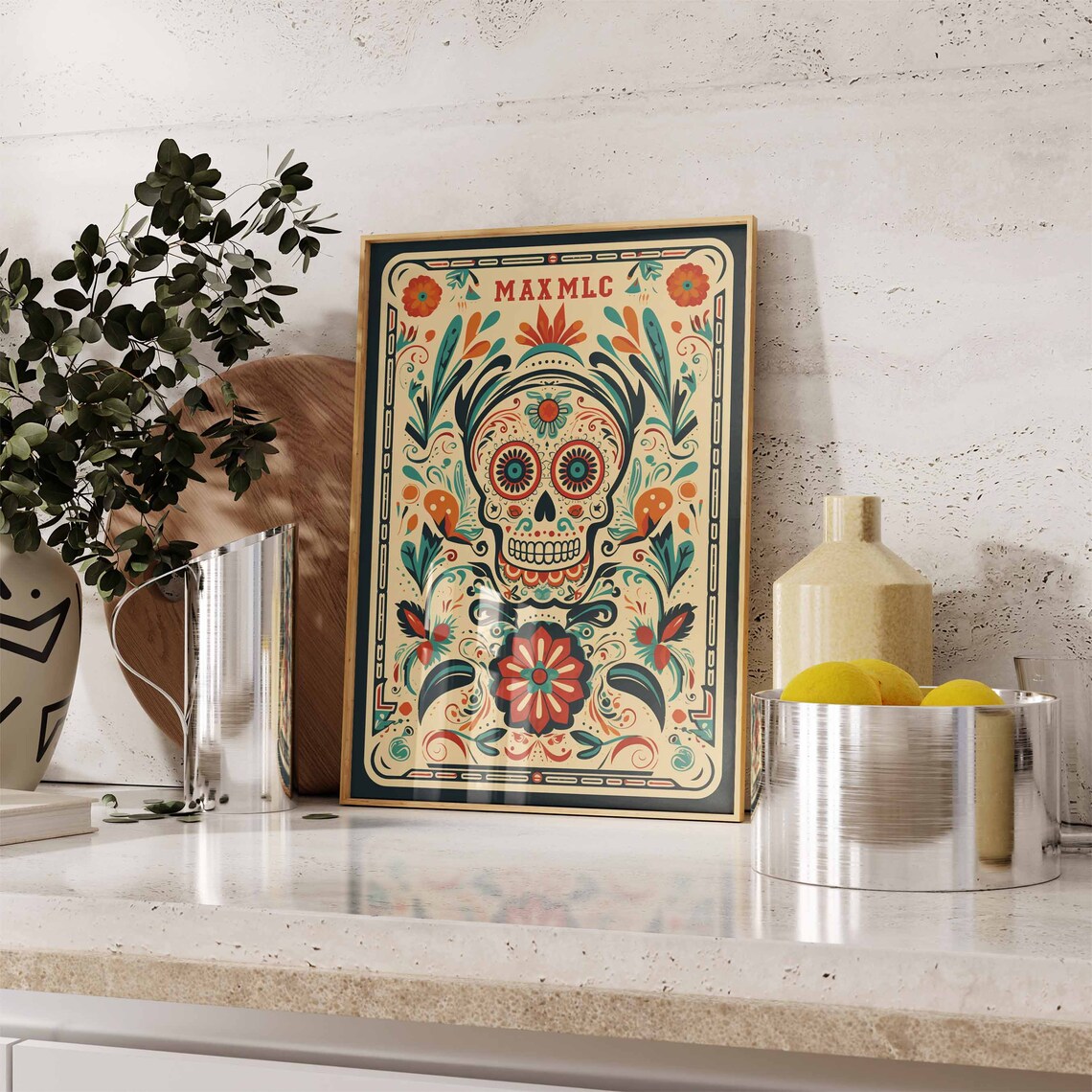 MAX MLC Folk Floral Loteria Sugar Skull Teal Orange Cream Card Poster - Image 2