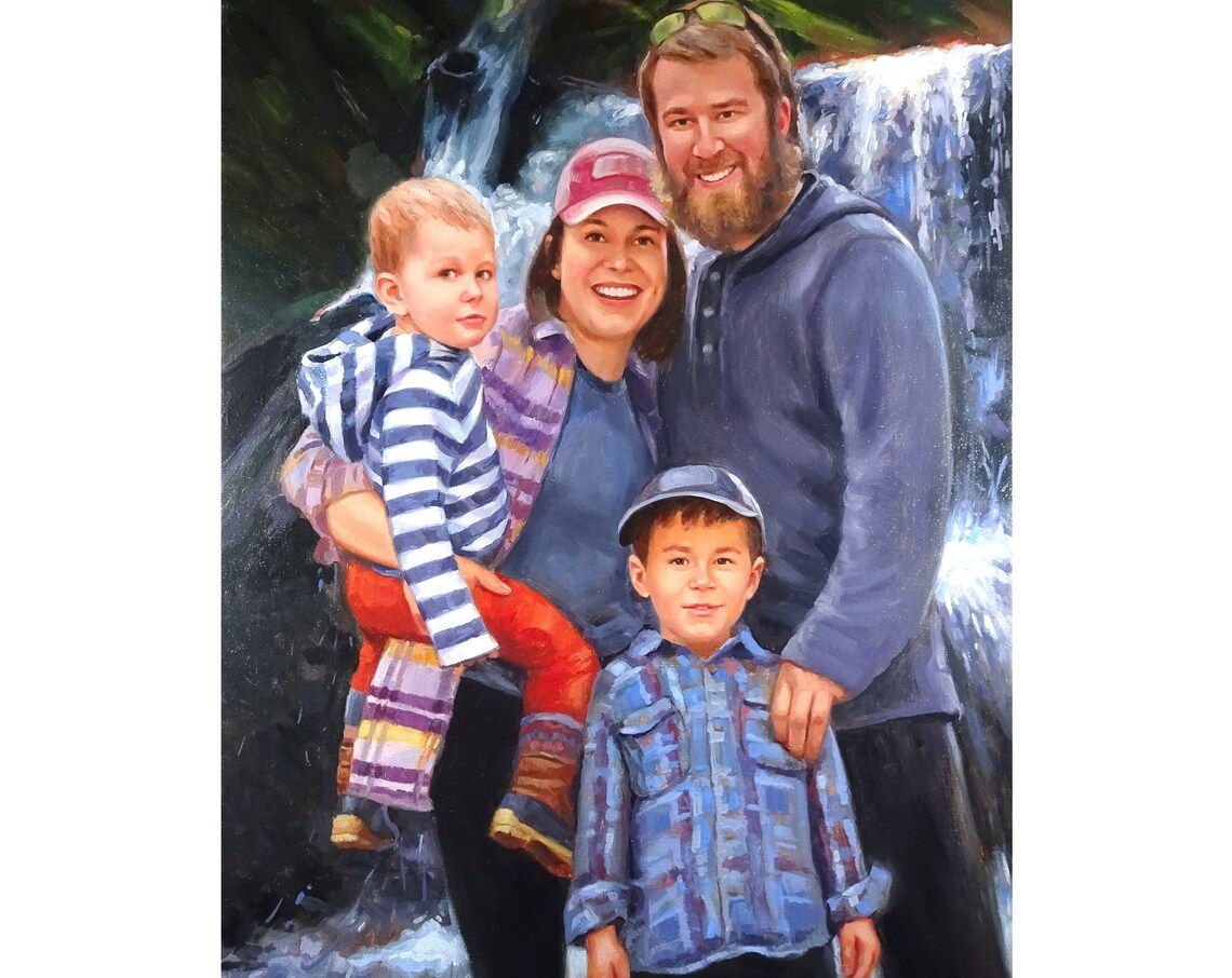 Family of Four Waterfall Outdoor Custom Oil Painting Portrait Poster