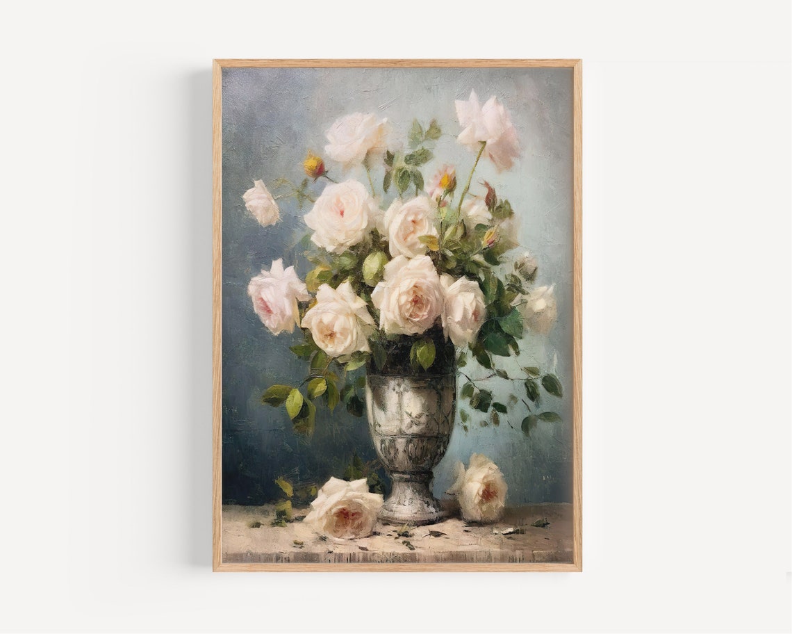Vintage Flower Print Vintage Oil Painting Rose Painting Floral Still Life Painting Farmhouse Wall Decor - Image 4