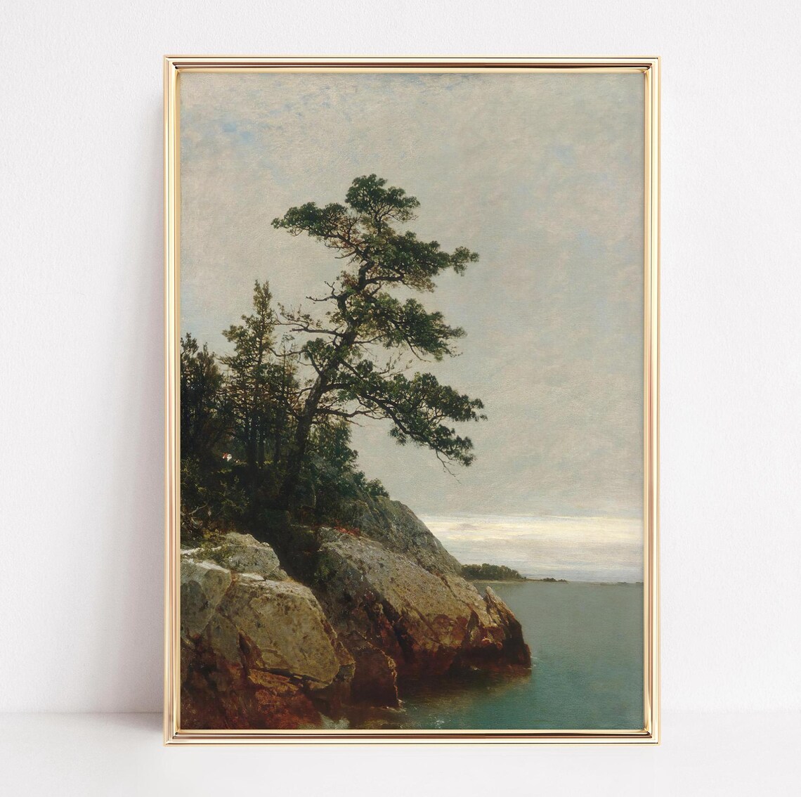 Lone Pine Tree on Rocky Coast Vintage Oil Painting Coastal Poster - Image 4