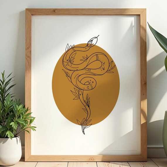 Magic Snake Wall Art Mustard Yellow Serpent Bohemian Poster Mystical Snake Illustration Magical Gallery Wall Instant