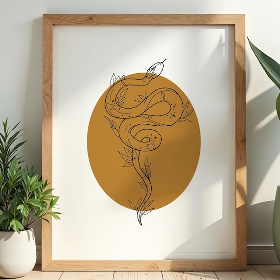 Mystical Serpent Snake Mustard Yellow Celestial Boho Wall Art