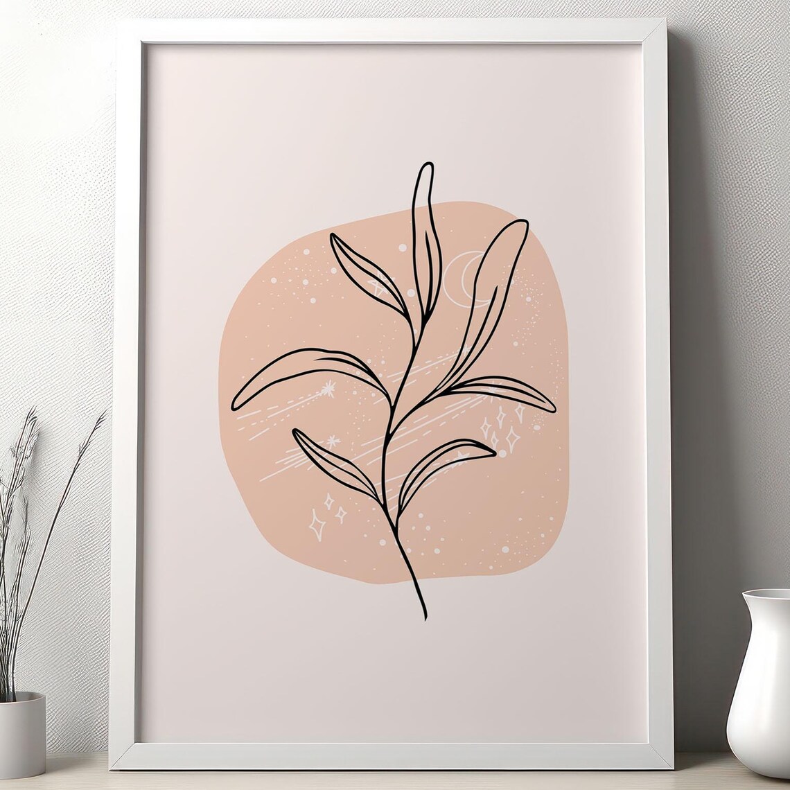 Boho Botanical Leaf Line Art Peach Minimalist Beige Wall Art